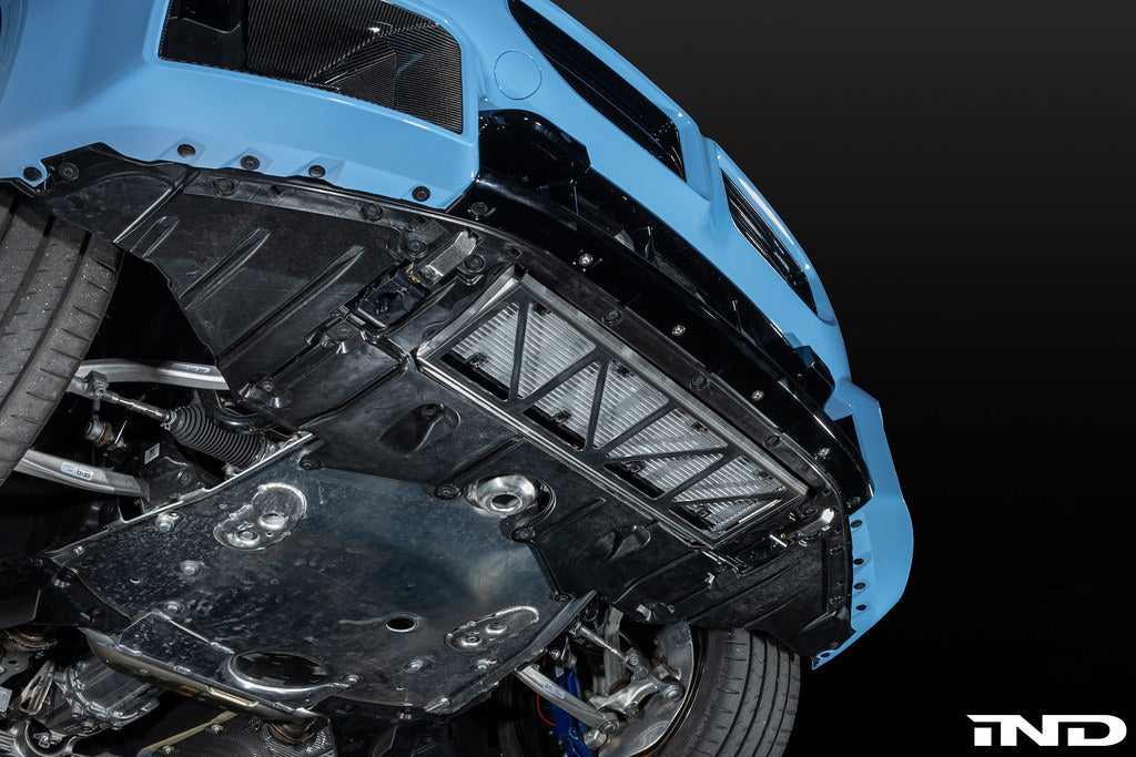 Fall Line Motorsports G8X M2 M3 M4 exterior oil cooler guard, black metal grille protecting the oil cooler.