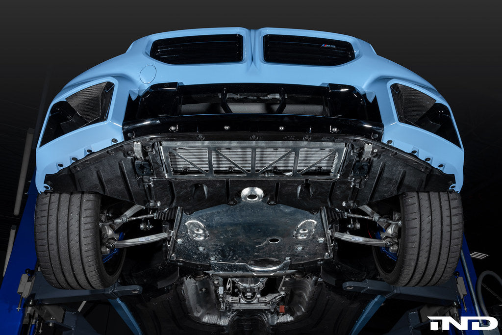 Fall Line Motorsports G8X M2 M3 M4 exterior oil cooler guard, aluminum protective cover for BMW models, close-up view.