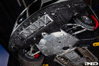 Fall-Line Motorsports oil cooler guard installed on BMW G8X platform vehicles, including the G87 M2, G80 M3, and M4 CSL, providing additional protection for the factory oil cooler while maintaining proper airflow and OEM-style fitment.