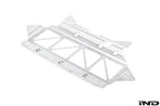 Fall-Line Motorsports oil cooler guard for BMW G8X M2, M3, and M4 shown on a white background, designed to help protect the factory oil cooler from road debris and track hazards.
