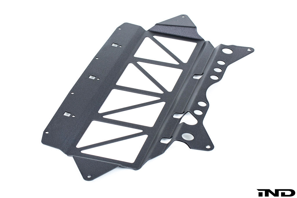 Fall-Line Motorsports oil cooler guard for BMW G8X M2, M3, and M4 shown on a white background, designed to help protect the factory oil cooler from road debris and track hazards.