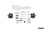 Fall-Line Motorsports oil cooler guard hardware for BMW G8X M2, M3, and M4 shown on a white background, designed to help protect the factory oil cooler from road debris and track hazards.