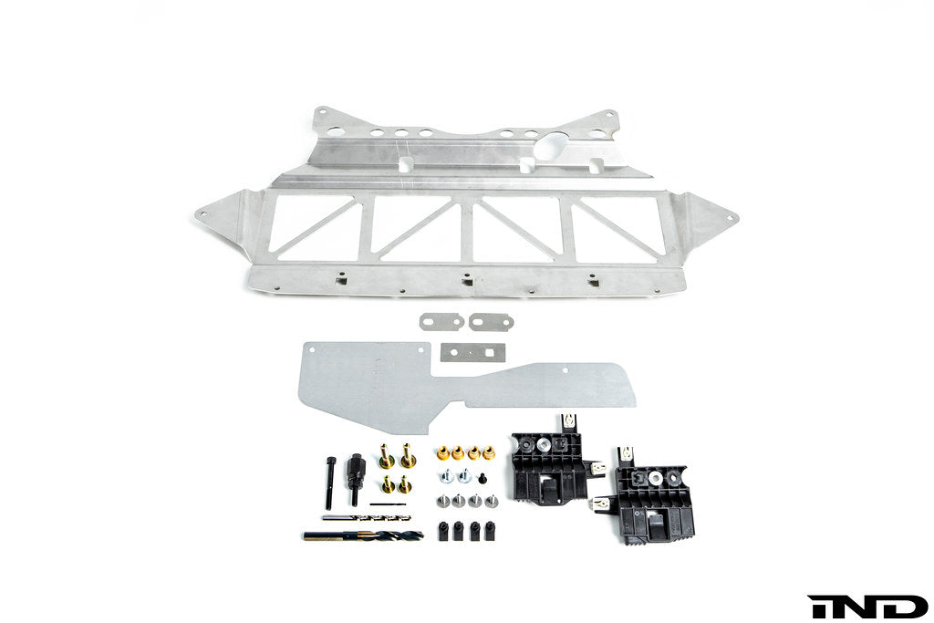 Fall-Line Motorsports oil cooler guard for BMW G8X M2, M3, and M4 shown on a white background, designed to help protect the factory oil cooler from road debris and track hazards.