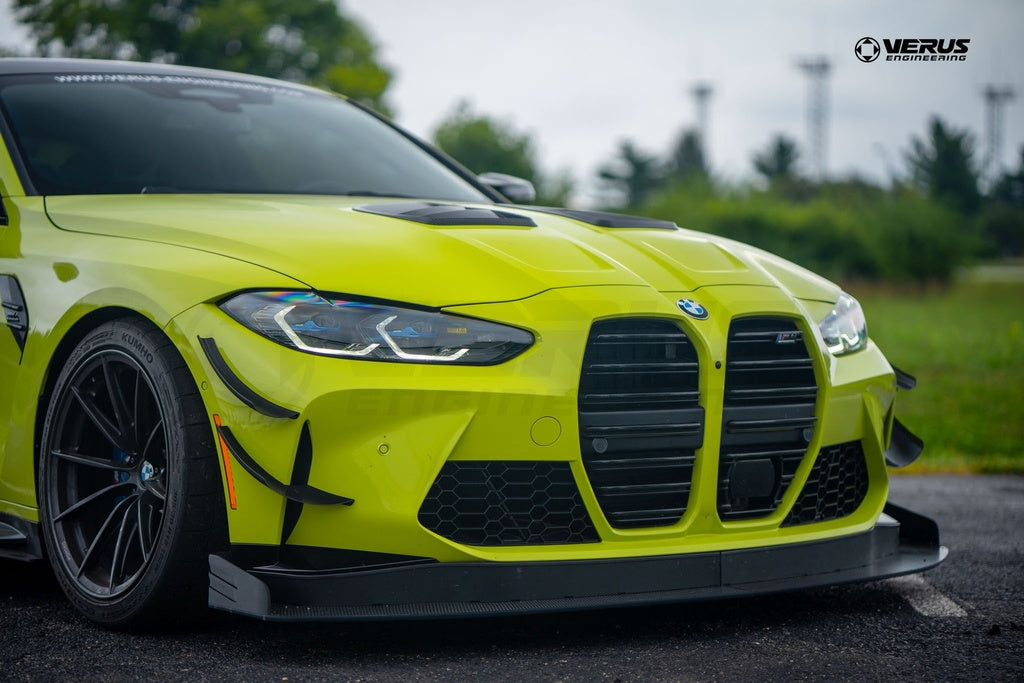 Verus Engineering G8x M3 M4 carbon polyweave front splitter kit installed on a BMW M4 exterior car part.