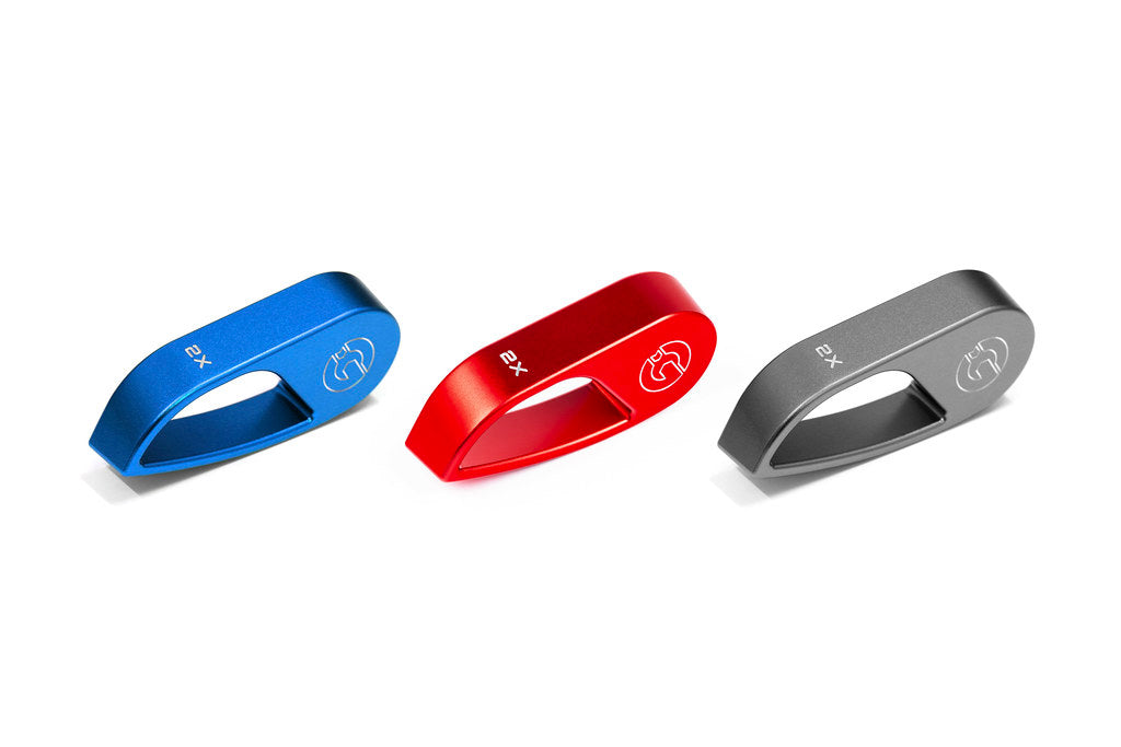 Group photo showing all 3 colors: Anthracite Grey, Edition Red, and Motorsport Blue for Goldenwrench's BMW G-Chassis Hood Latch Handle against a white background.