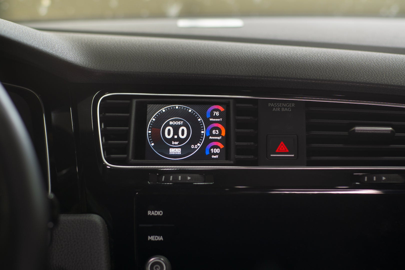 CANchecked VW MK7 Golf multi-function display 3.2" Gen2 interior screen for LHD models, showing digital instrumentation and controls.