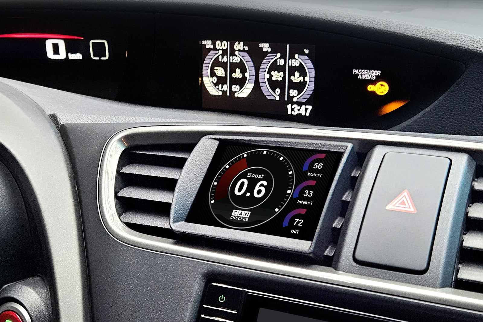 CANchecked MFD32 Gen2 3.2-inch multi-function display installed in a left-hand drive Honda FK2 Civic, featuring a vehicle-specific dashboard integration.