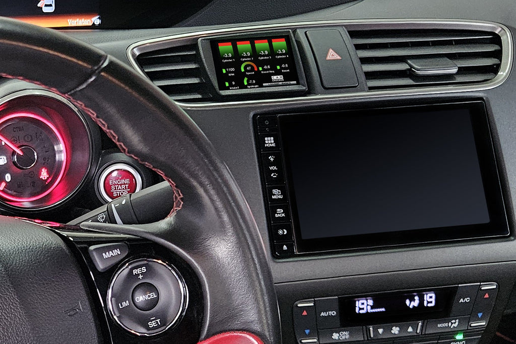 CANchecked MFD32 Gen2 3.2-inch multi-function display installed in a left-hand drive Honda FK2 Civic, featuring a vehicle-specific dashboard integration.