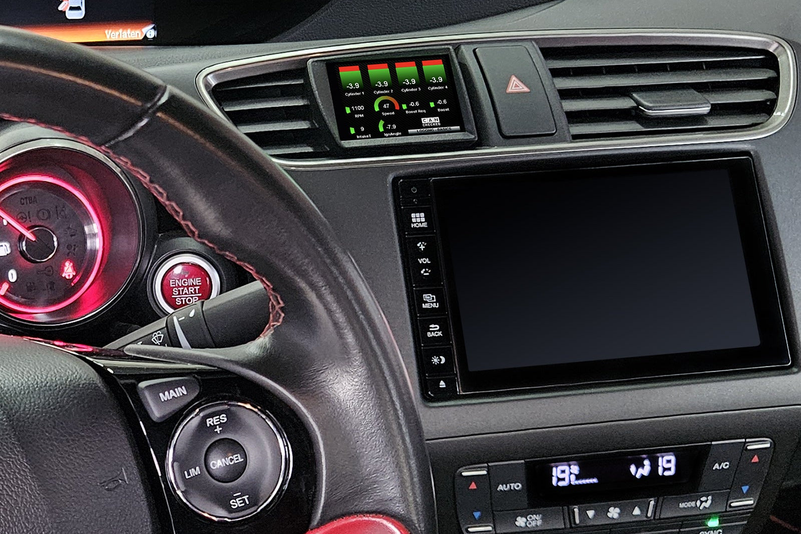 CANchecked MFD32 Gen2 3.2-inch multi-function display installed in a left-hand drive Honda FK2 Civic, featuring a vehicle-specific dashboard integration.