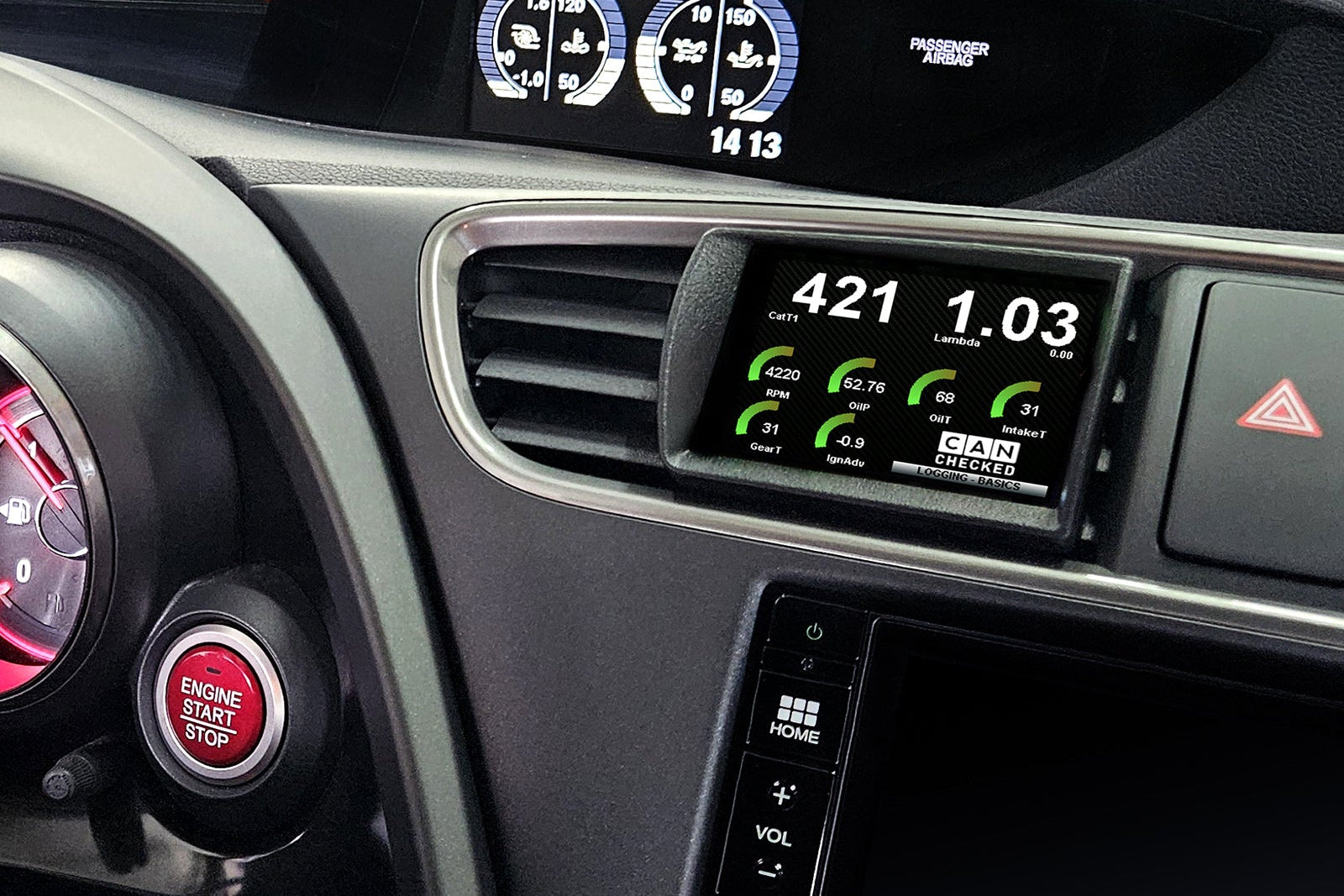 CANchecked MFD32 Gen2 3.2-inch multi-function display installed in a left-hand drive Honda FK2 Civic, featuring a vehicle-specific dashboard integration.