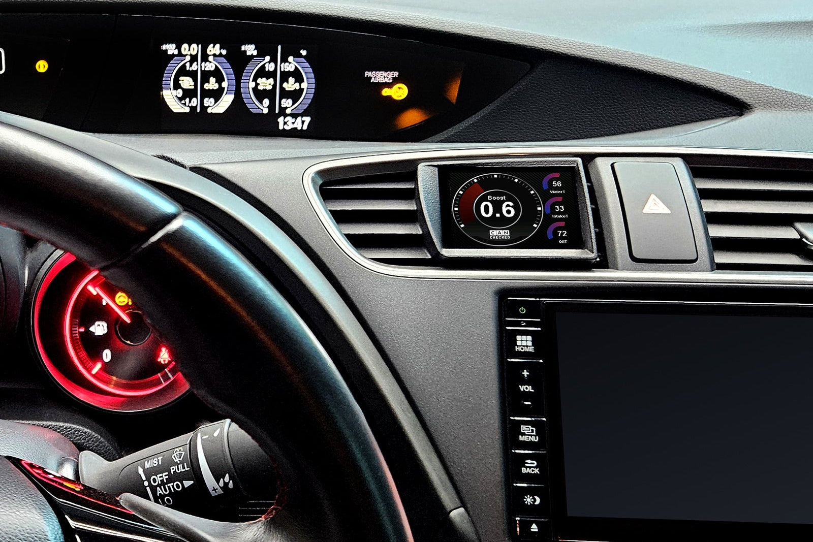 CANchecked MFD32 Gen2 3.2-inch multi-function display installed in a left-hand drive Honda FK2 Civic, featuring a vehicle-specific dashboard integration.