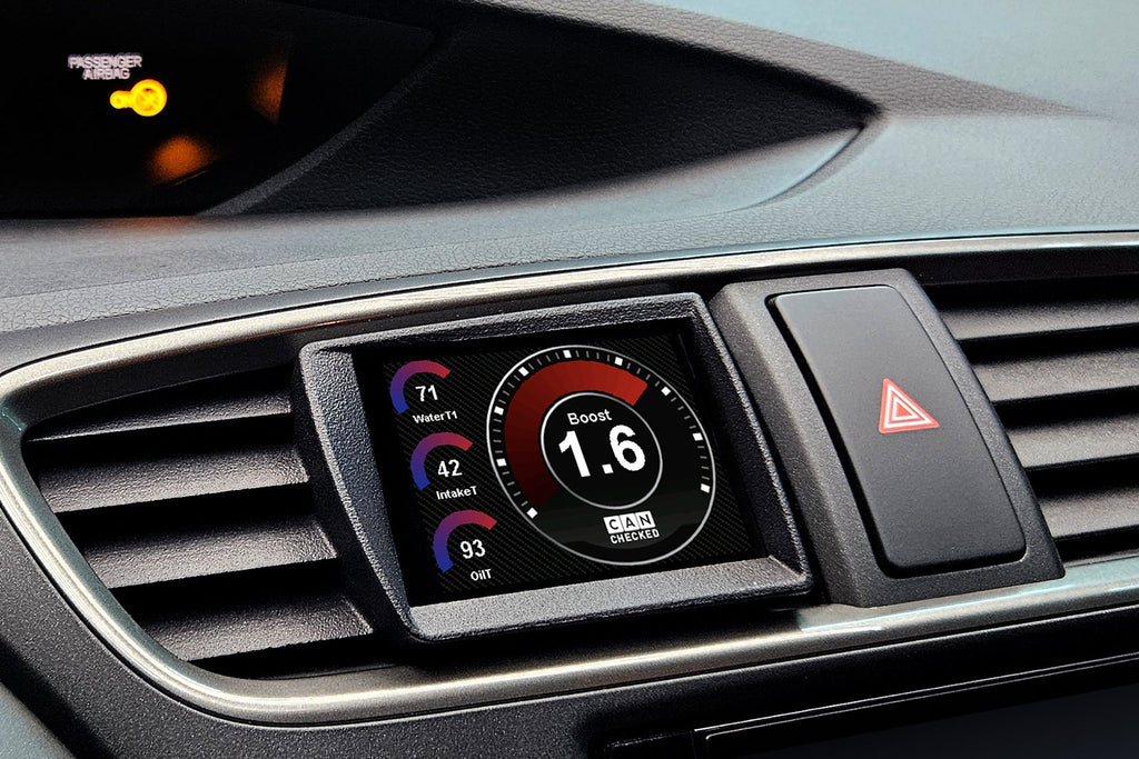 CANchecked MFD32 Gen2 3.2-inch multi-function display installed in a left-hand drive Honda FK2 Civic, featuring a vehicle-specific dashboard integration.