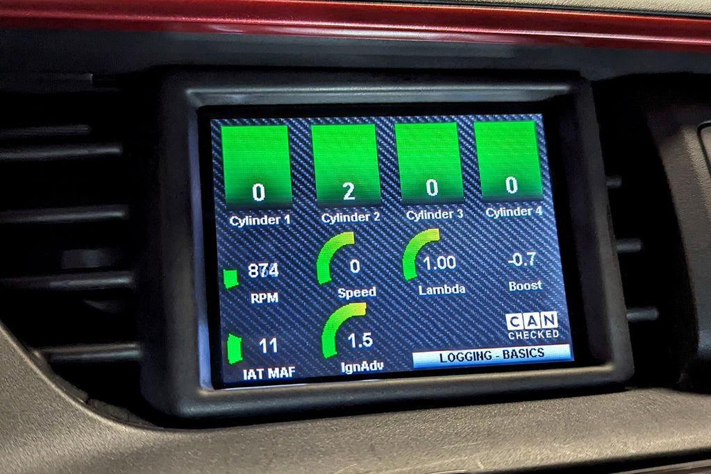 CANchecked MFD32 Gen2 3.2-inch multi-function display installed in a left-hand drive Honda FK8 Civic, featuring a vehicle-specific dashboard integration.