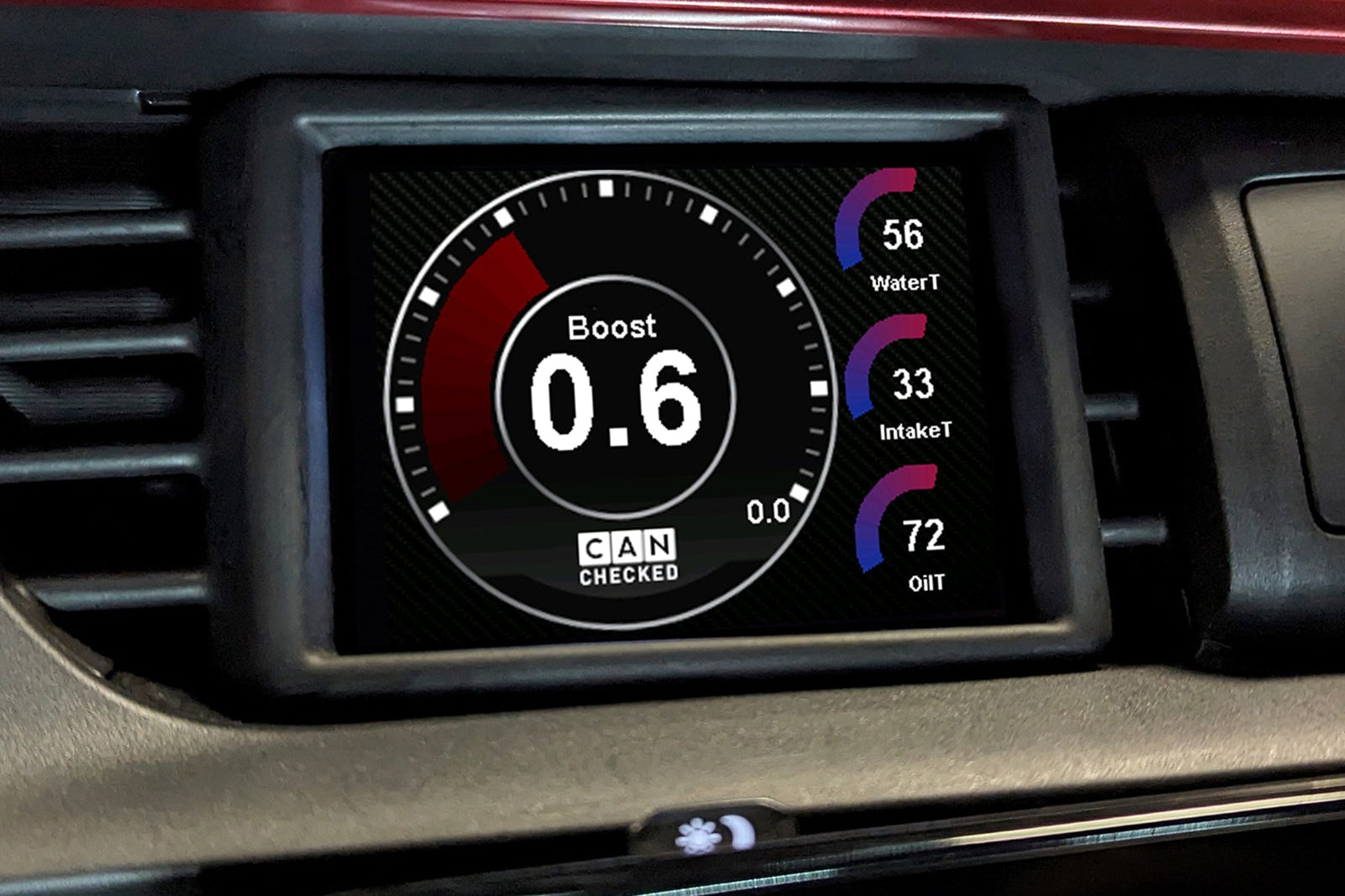 CANchecked MFD32 Gen2 3.2-inch multi-function display installed in a left-hand drive Honda FK8 Civic, featuring a vehicle-specific dashboard integration.