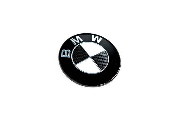 IND Carbon BMW Roundel Set Featuring Genuine BMW Fitment and Carbon Fiber Construction on White Background