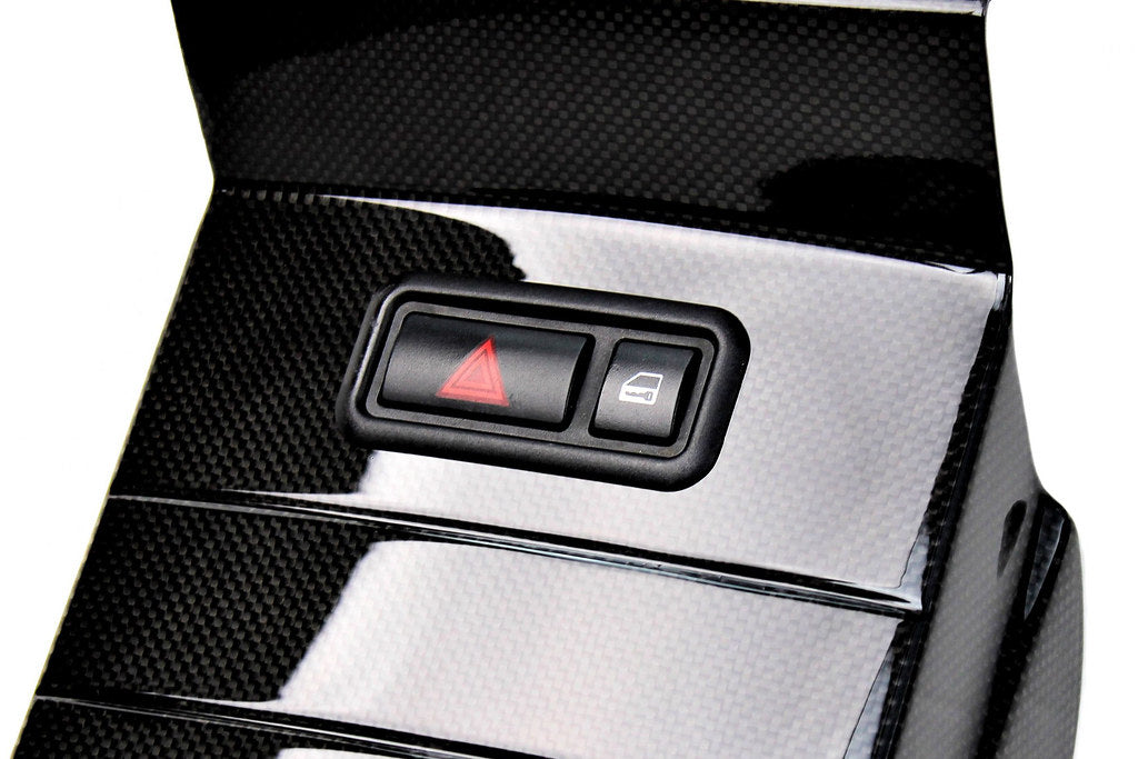 IND E46 M3 CSL interior center console trim kit with hazard switch frame installed, showcasing sleek, custom-designed interior detailing.