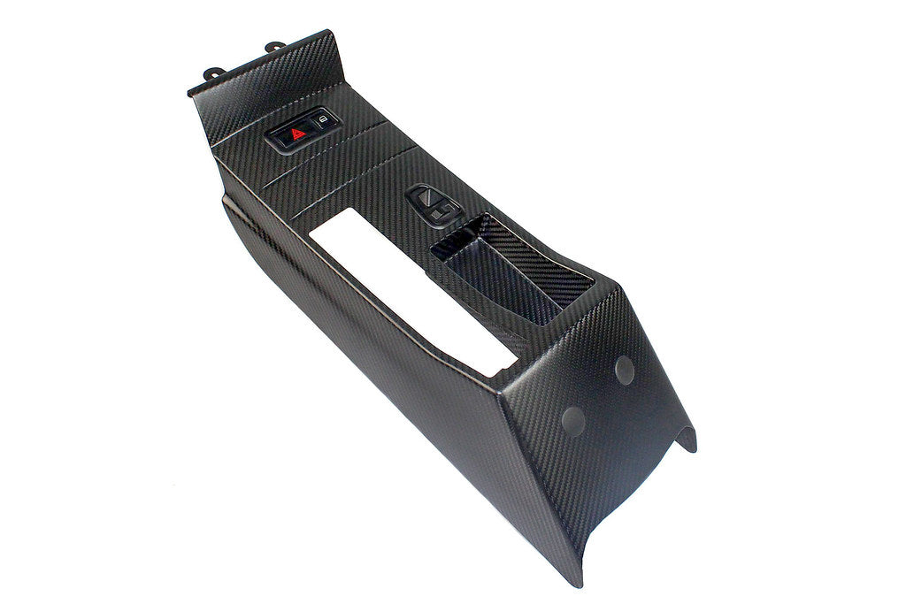 Interior view of an IND E46 M3 CSL center console trim kit installed, showcasing sleek, high-quality trim accents inside the vehicle.