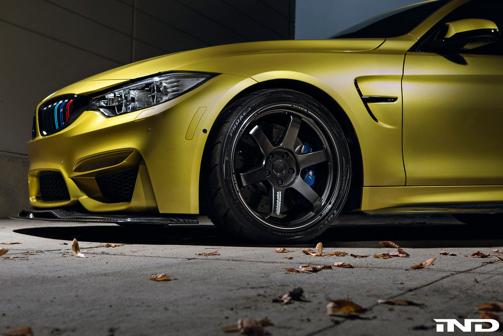 IND F8X M3 M4 Painted Front Reflector Set installed on a BMW F80 M3 or F82 F83 M4, providing a seamless OEM+ appearance by replacing the factory amber front reflectors with color-matched painted units.