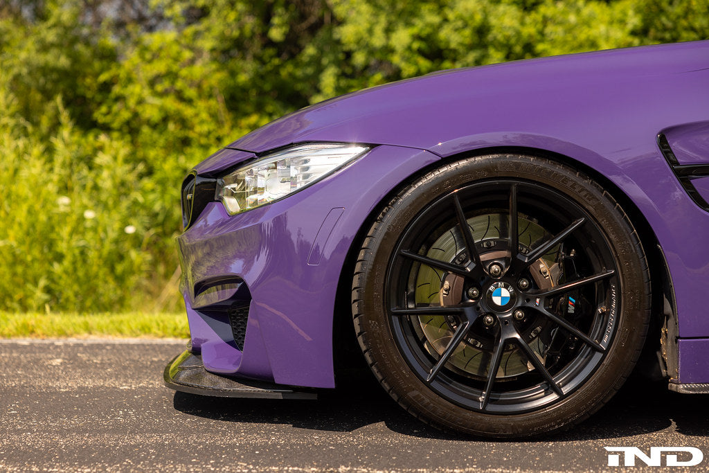 IND F8X M3 M4 Painted Front Reflector Set installed on a BMW F80 M3 or F82 F83 M4, providing a seamless OEM+ appearance by replacing the factory amber front reflectors with color-matched painted units.
