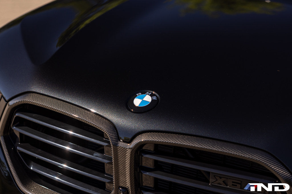 IND Painted BMW Roundel Set Installed Showing High-Gloss Black Surround and OEM BMW Center Emblem on Vehicle