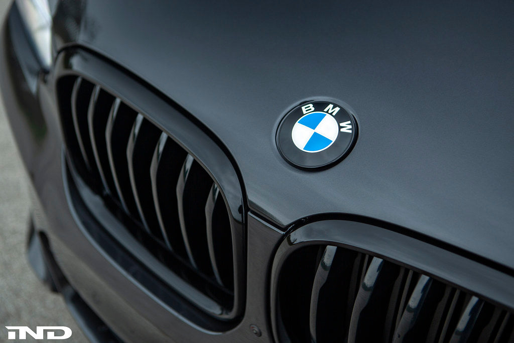 IND Painted BMW Roundel Set Installed Showing High-Gloss Black Surround and OEM BMW Center Emblem on Vehicle