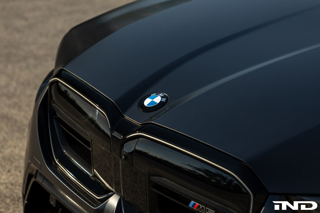 IND Painted BMW Roundel Set Installed Showing High-Gloss Black Surround and OEM BMW Center Emblem on Vehicle