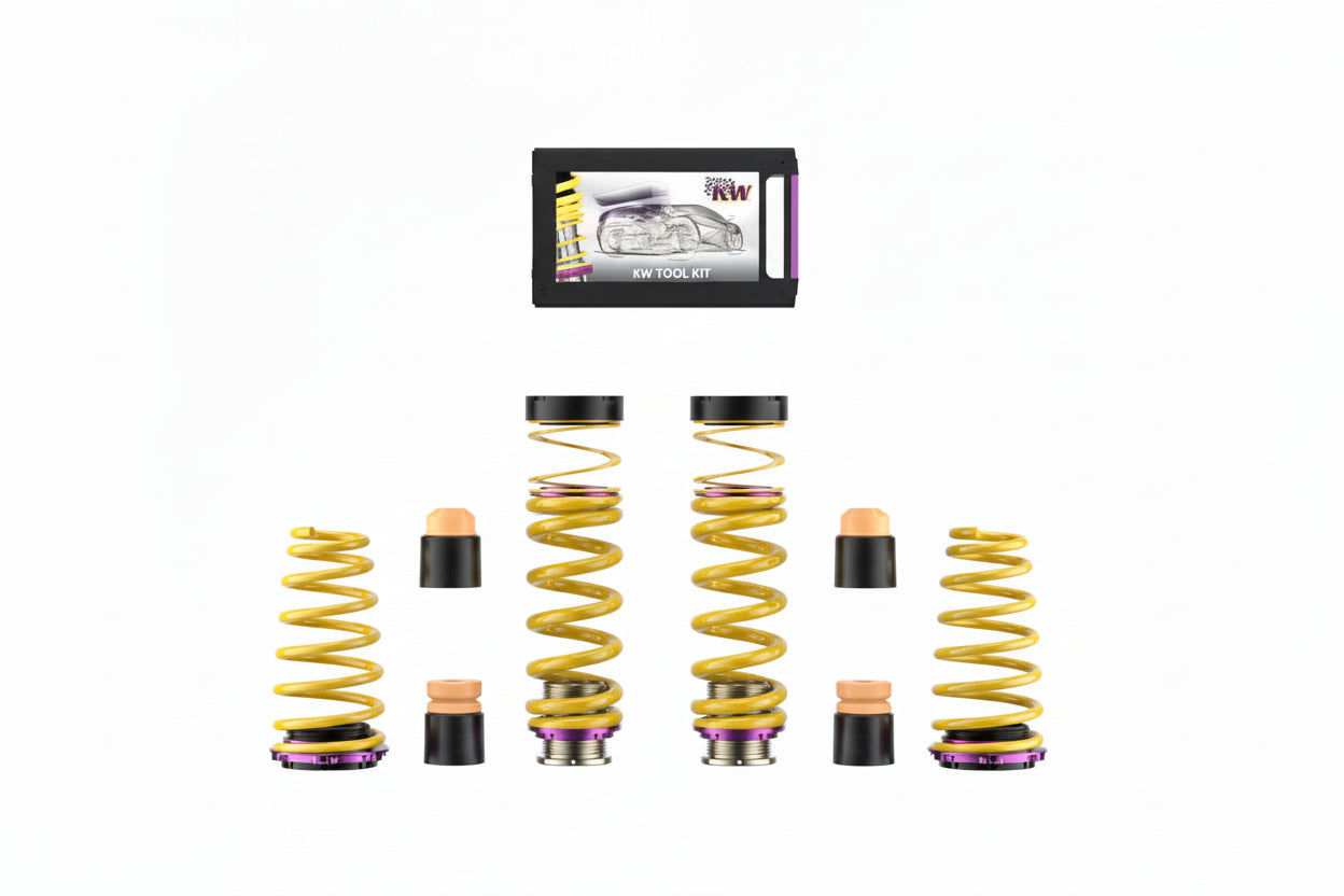 KW adjustable spring kit for Porsche 992 Turbo with yellow springs and black perches on a white background, featuring a KW tool kit.