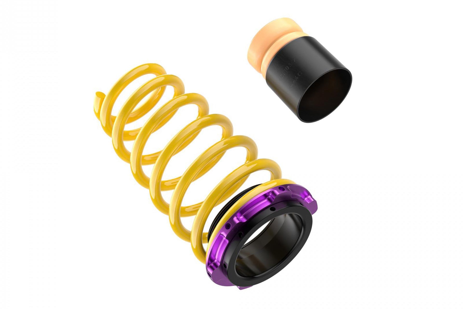 Close-up of KW adjustable rear yellow spring and black perch for the Porsche 992 Turbo on a white background.