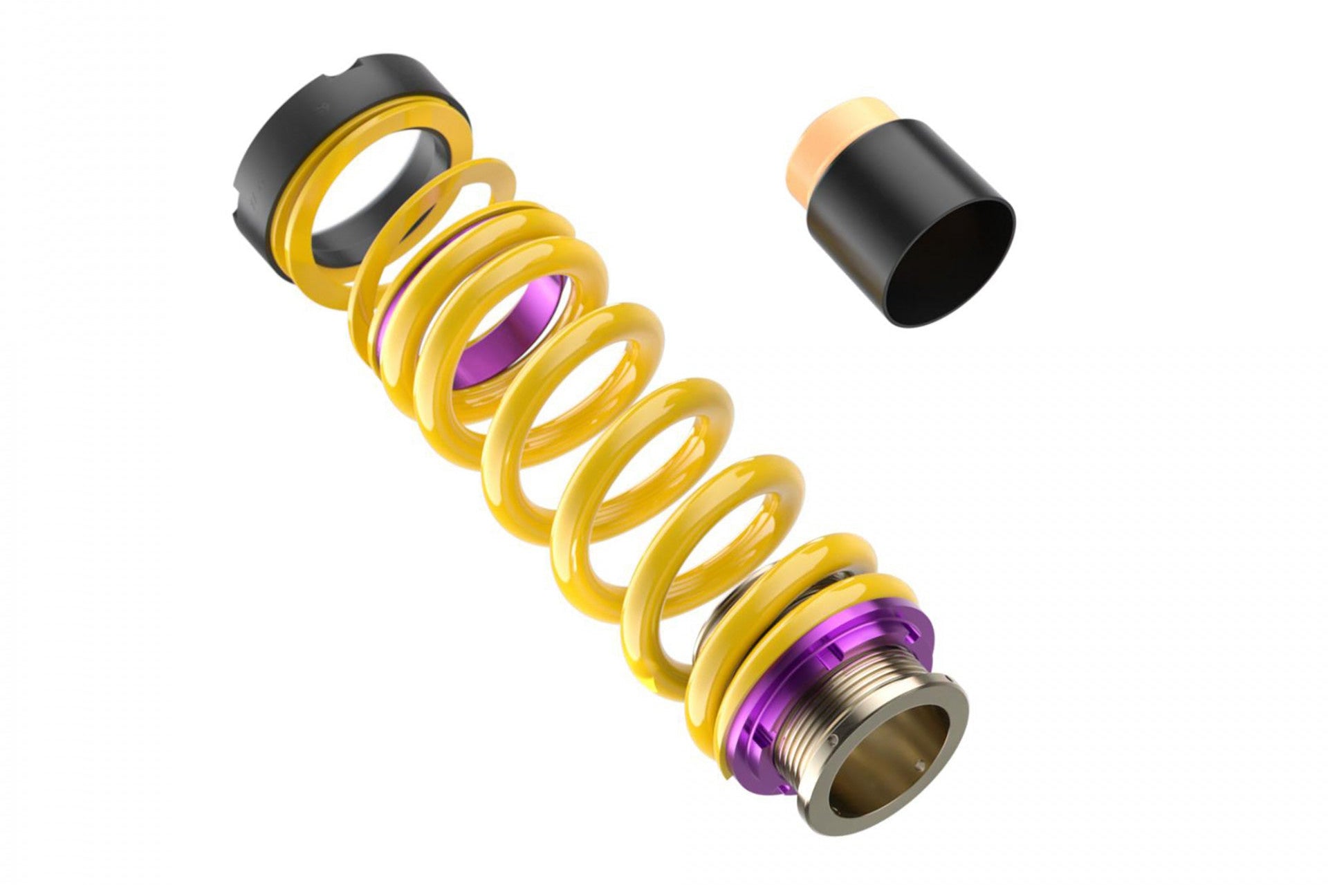 Close-up of KW adjustable front yellow spring and black perch for the Porsche 992 Turbo on a white background.