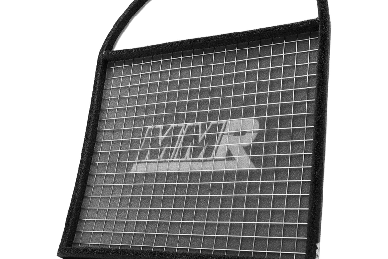 MMX Performance N54 Elite Tri-Foam Panel Air Filter showing black foam filter with metal frame and branding details for improved airflow.
