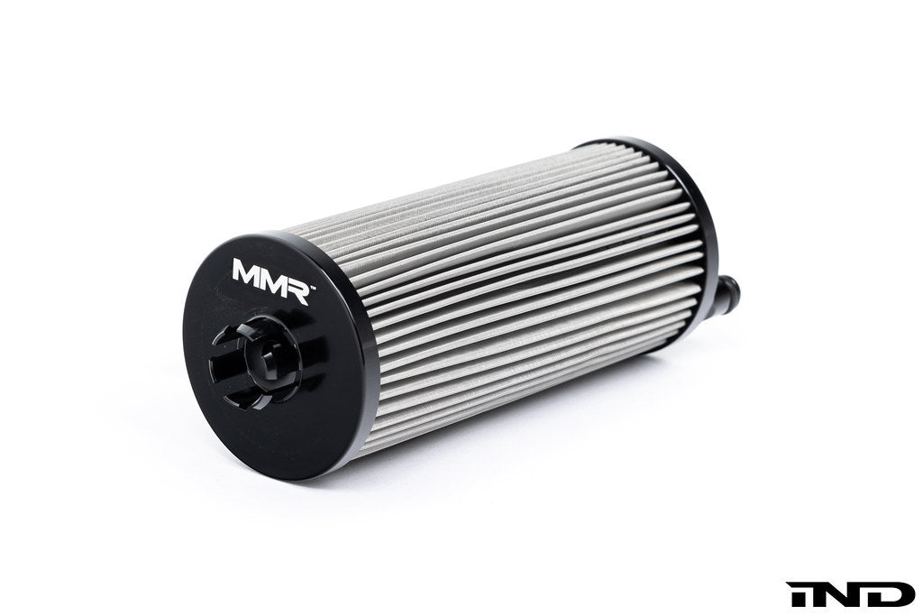 MMX stainless steel lifetime oil filter for BMW S58 engine shown on a white background featuring reusable high-flow filtration design.