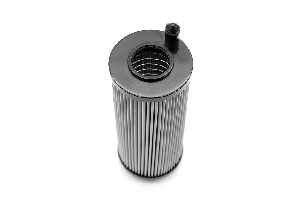 MMX stainless steel lifetime oil filter for BMW S58 engine shown on a white background featuring reusable high-flow filtration design.