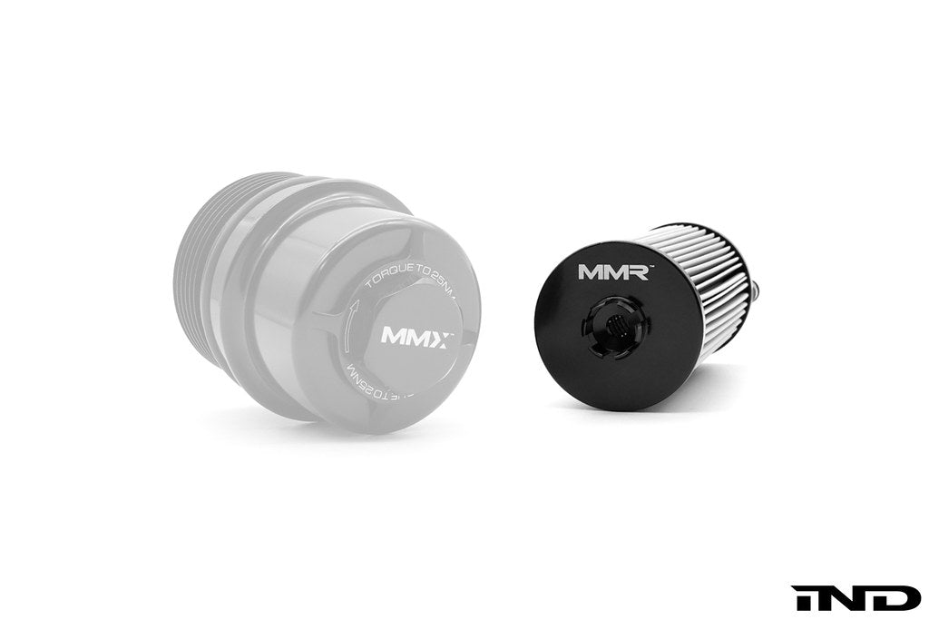 MMX Performance S58 oil filter housing in gloss black, made of billet aluminum for BMW G8X M2 M3 M4 performance engine.