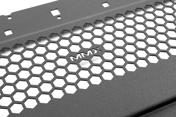 MMX Performance G8X M2 M3 M4 Oil Cooler Guard featuring 6061-T6 aluminum construction and protective mesh design on a white background