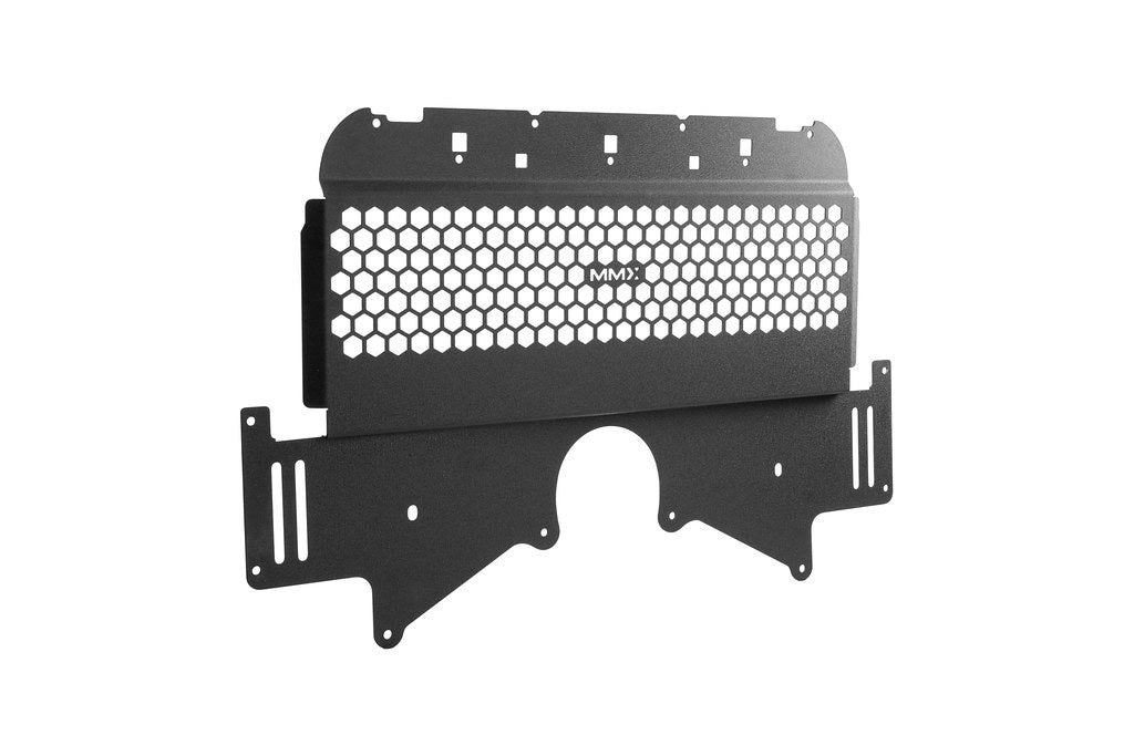 MMX Performance G8X M2 M3 M4 Oil Cooler Guard featuring 6061-T6 aluminum construction and protective mesh design on a white background