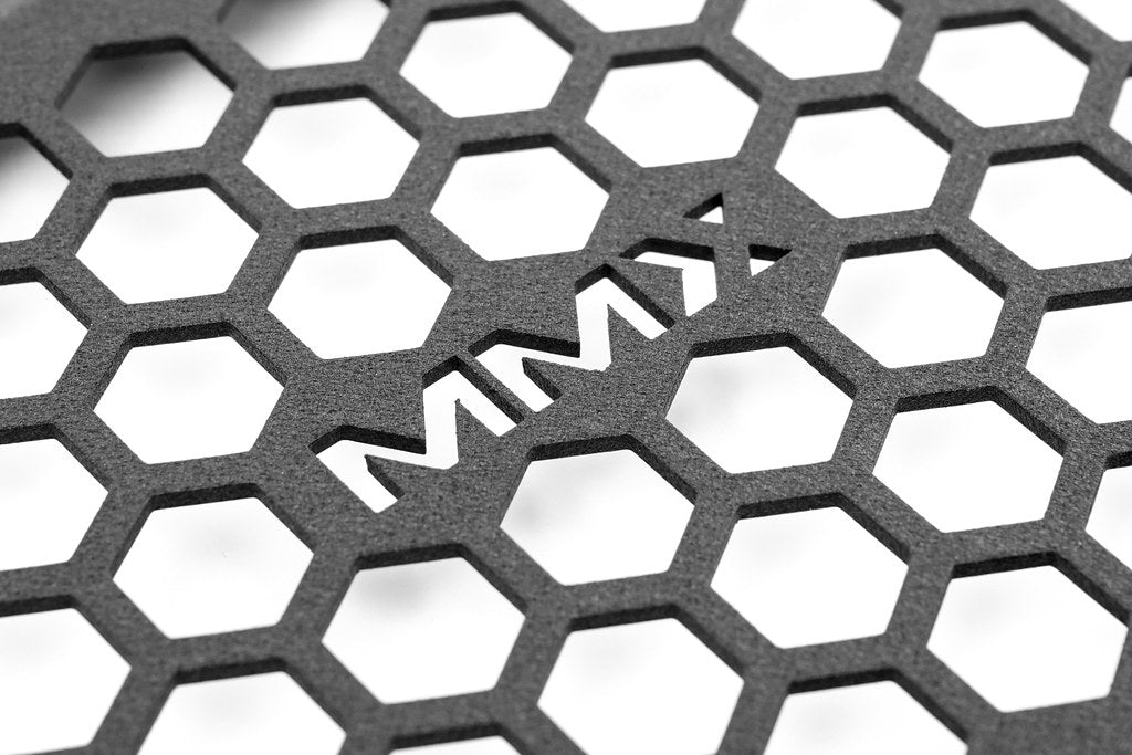 MMX Performance G8X M2 M3 M4 Oil Cooler Guard featuring 6061-T6 aluminum construction and protective mesh design on a white background