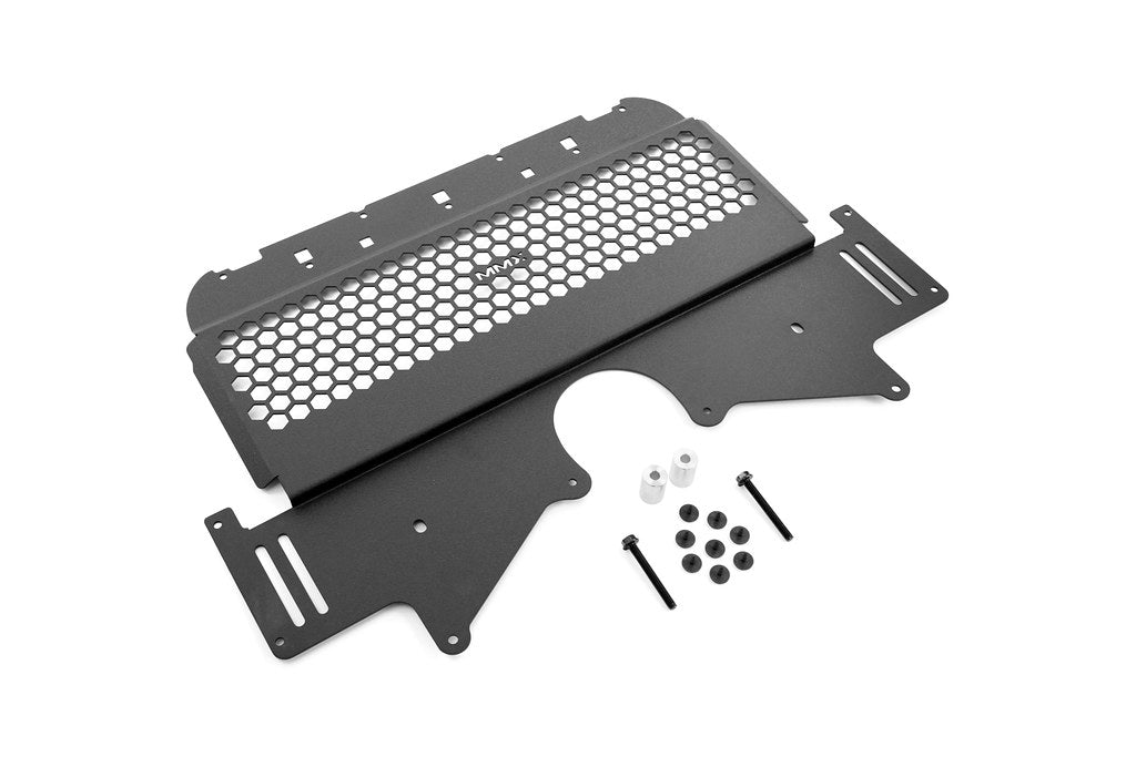 MMX Performance G8X M2 M3 M4 Oil Cooler Guard featuring 6061-T6 aluminum construction and protective mesh design on a white background