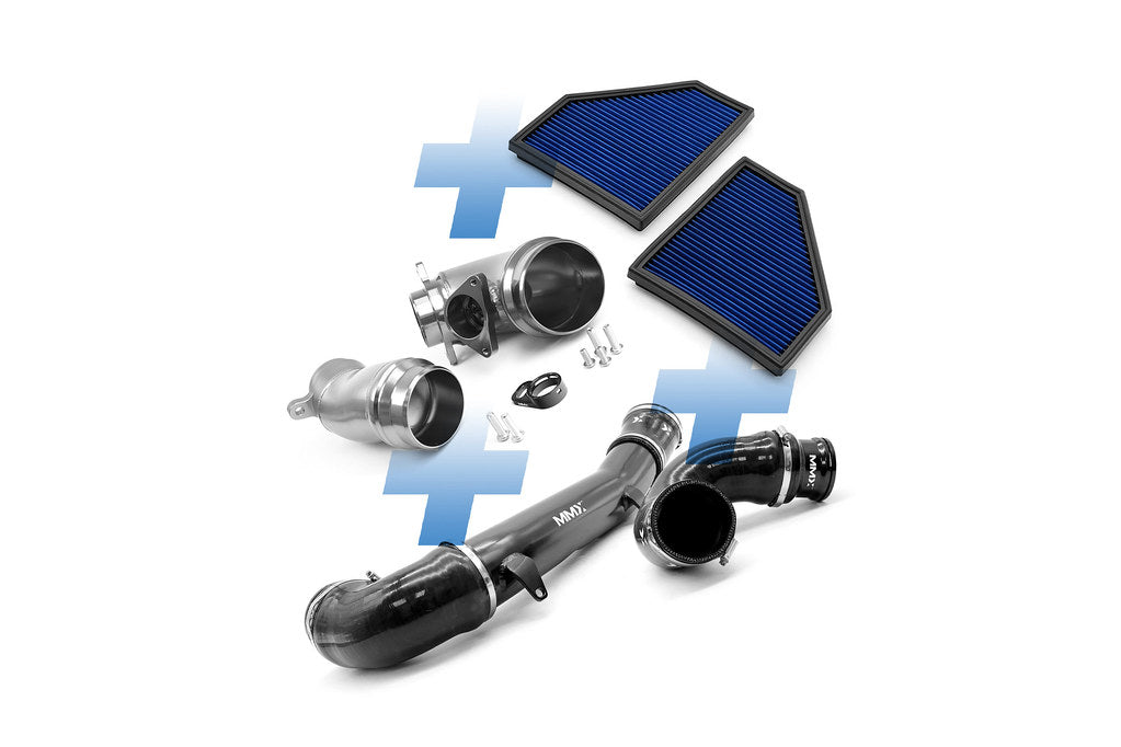 MMX Performance Ultimate Intake Solution for the BMW G8X M2, G80 M3, G81 M3 Touring, G82 M4, and G83 M4 Convertible featuring S58 turbo inlet elbows, aluminum intake pipes, and high-flow cotton panel filters on a white background.