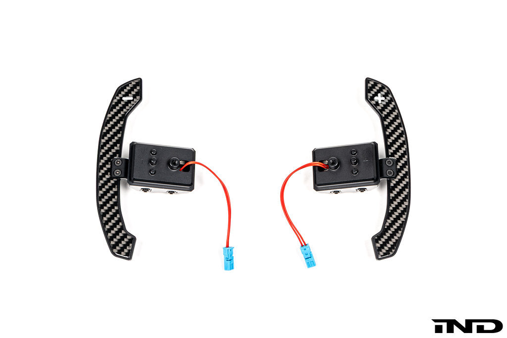 MadTrace BMW G Chassis Magnetic Shift Paddle Set V3 displayed on a white background, featuring CNC-machined construction and a precision magnetic shifting mechanism for BMW G-Series vehicles.