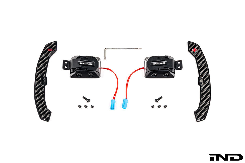 MadTrace BMW G Chassis Magnetic Shift Paddle Set V3 displayed on a white background, featuring CNC-machined construction and a precision magnetic shifting mechanism for BMW G-Series vehicles.
