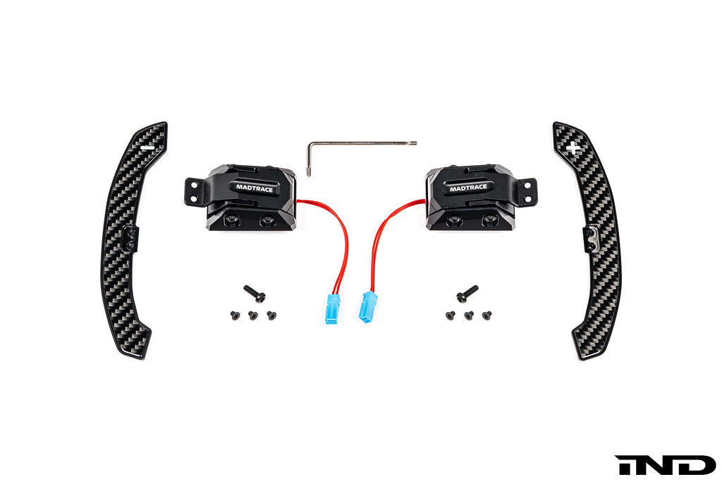 MadTrace BMW G Chassis Magnetic Shift Paddle Set V3 displayed on a white background, featuring CNC-machined construction and a precision magnetic shifting mechanism for BMW G-Series vehicles.