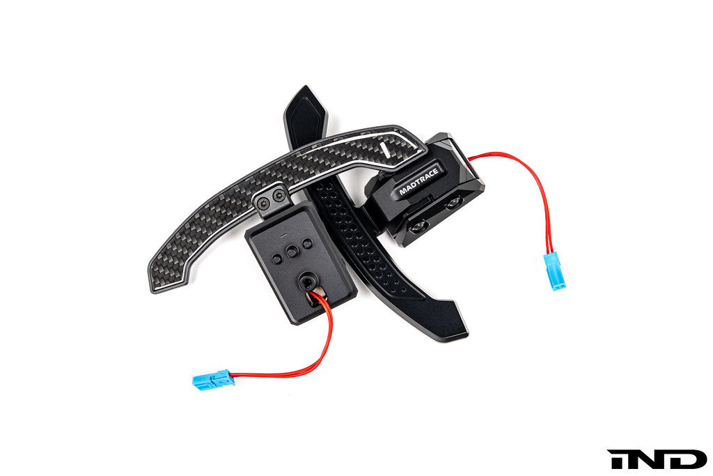 MadTrace BMW G Chassis Magnetic Shift Paddle Set V3 displayed on a white background, featuring CNC-machined construction and a precision magnetic shifting mechanism for BMW G-Series vehicles.