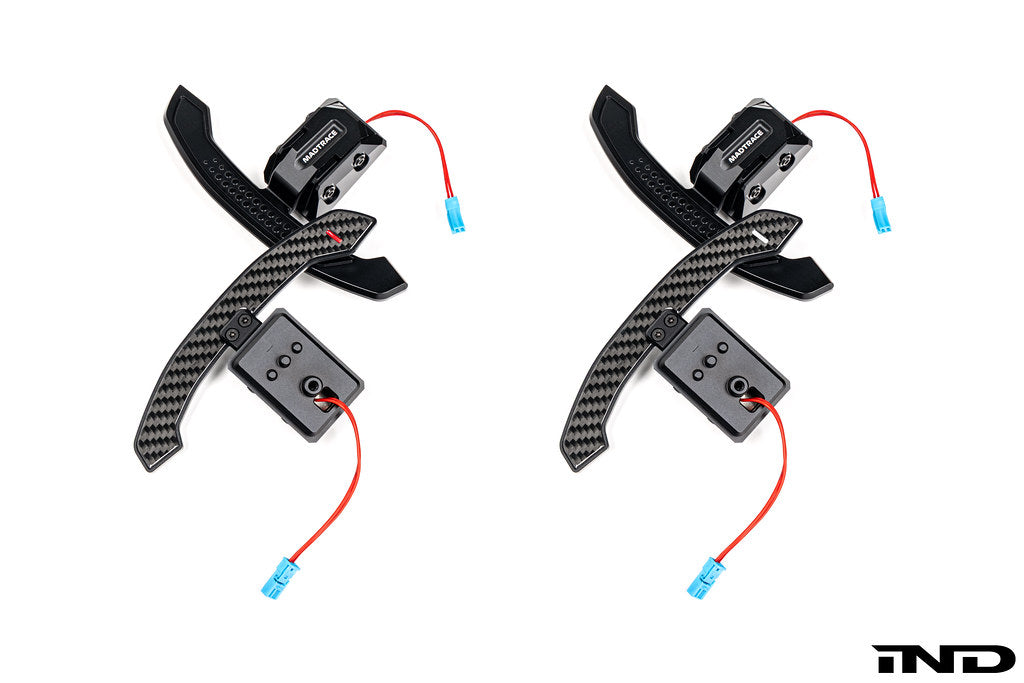 MadTrace BMW G Chassis Magnetic Shift Paddle Set V3 displayed on a white background, featuring CNC-machined construction and a precision magnetic shifting mechanism for BMW G-Series vehicles.