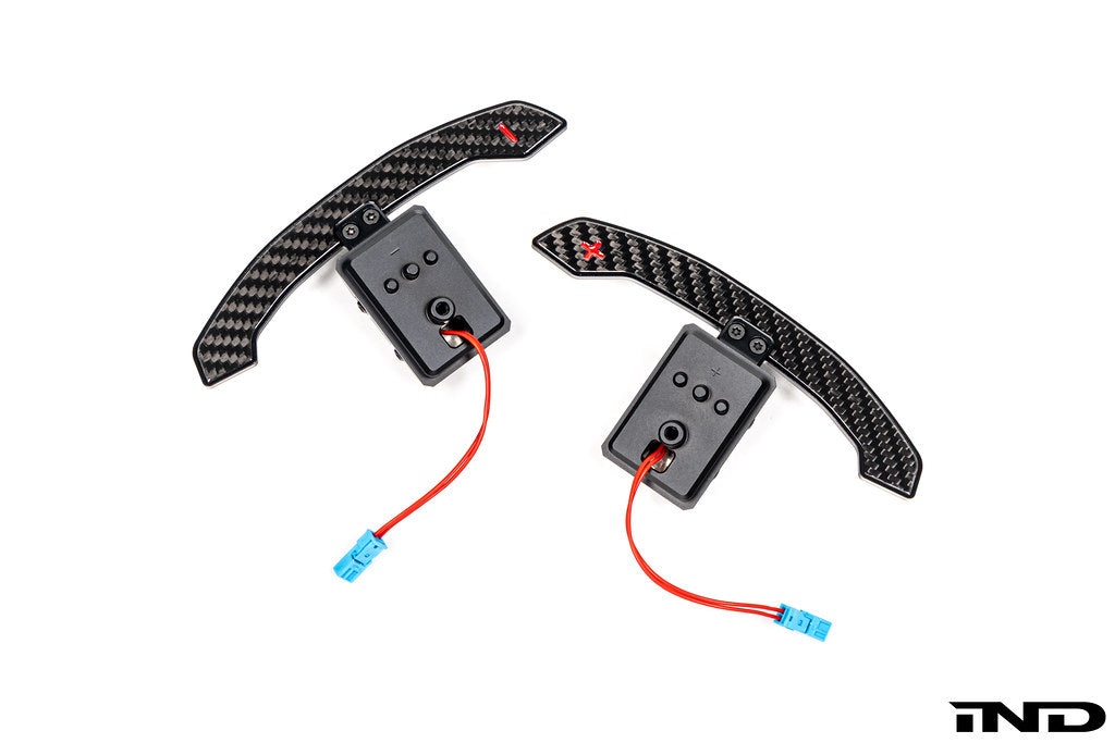 MadTrace BMW G Chassis Magnetic Shift Paddle Set V3 displayed on a white background, featuring CNC-machined construction and a precision magnetic shifting mechanism for BMW G-Series vehicles.