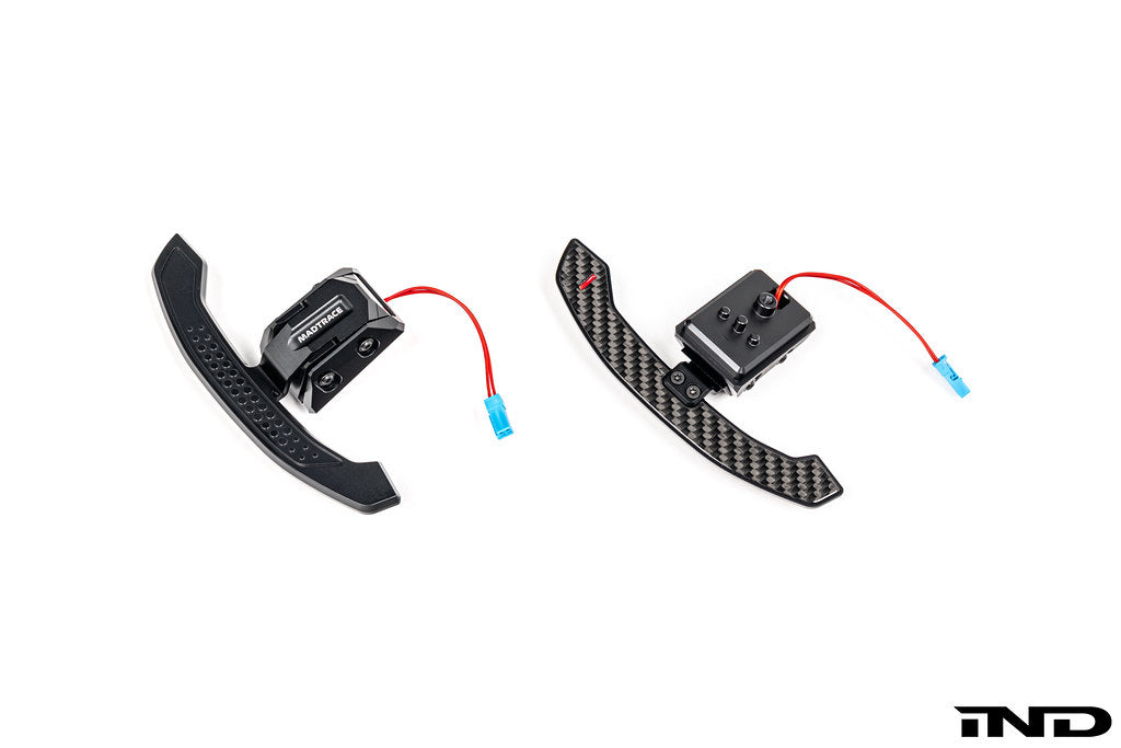 MadTrace BMW G Chassis Magnetic Shift Paddle Set V3 displayed on a white background, featuring CNC-machined construction and a precision magnetic shifting mechanism for BMW G-Series vehicles.