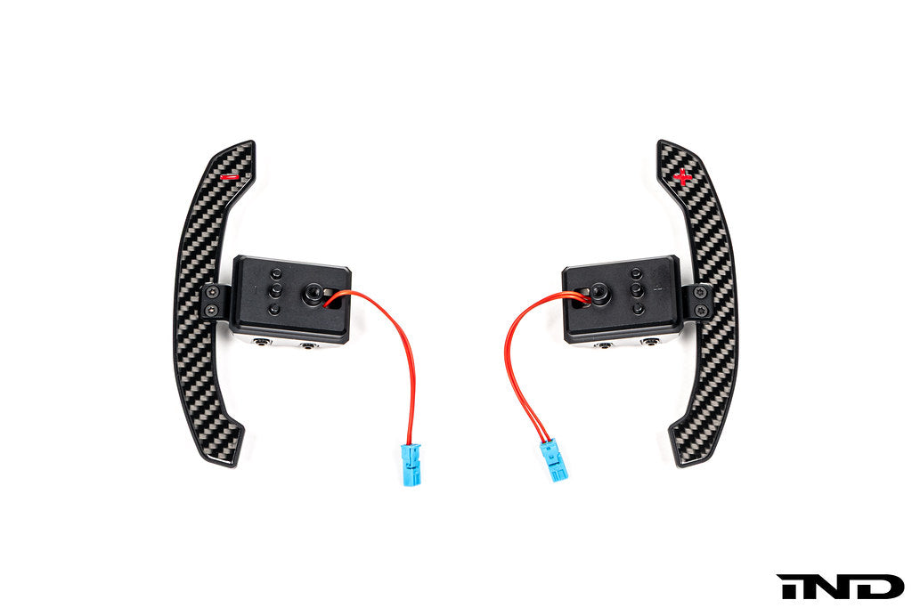 MadTrace BMW G Chassis Magnetic Shift Paddle Set V3 displayed on a white background, featuring CNC-machined construction and a precision magnetic shifting mechanism for BMW G-Series vehicles.