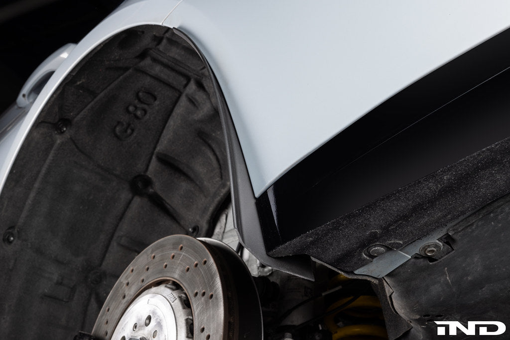 Megachip G8X M2, M3, M4 exterior splash guard set installed on vehicle wheel arch for protection from road debris.