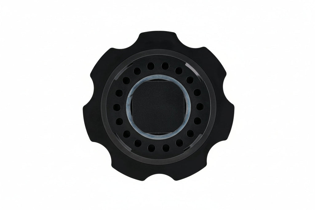 NRW-Design BMW S58 billet multi-baffled oil cap showing underside detail, designed for performance engine applications.