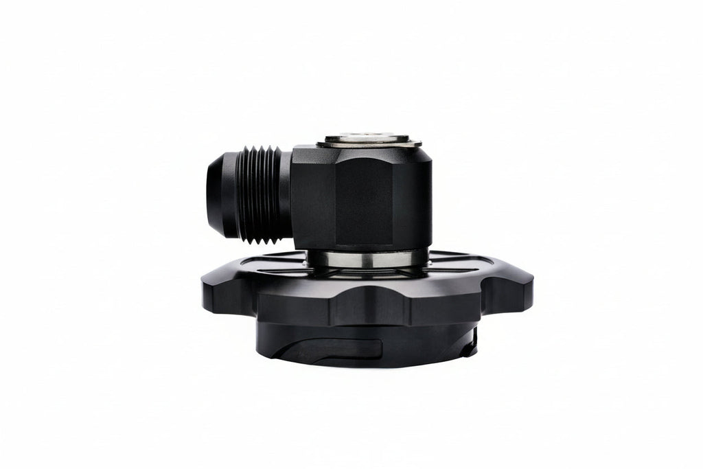 NRW-Design BMW S58 billet multi-baffled oil cap with swivel outlet for performance engine, showcasing high-quality metal construction.