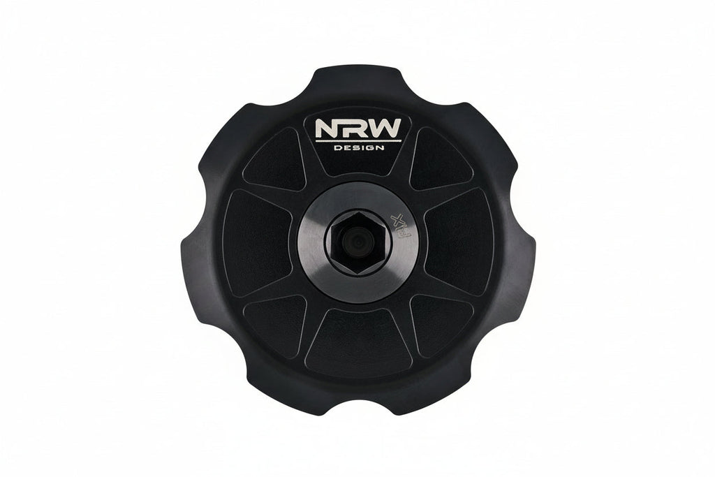 NRW-Design BMW S58 billet oil cap with multi-baffled design for performance engine upgrades, made from durable metal.